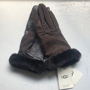 UGG genuine leather brown gloves w/ cashmere cuff